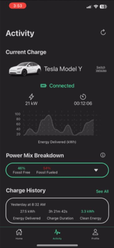 EVE app activity screen with power-mix breakdown