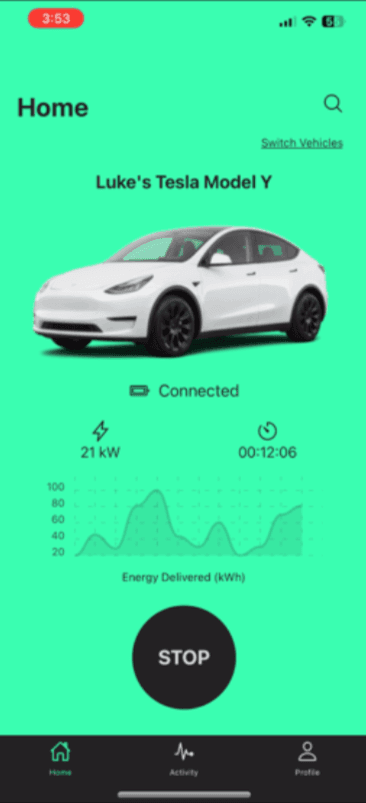 EVE app home screen, actively charging at 21 kW