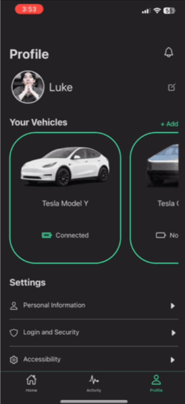 EVE app profile screen with saved vehicles